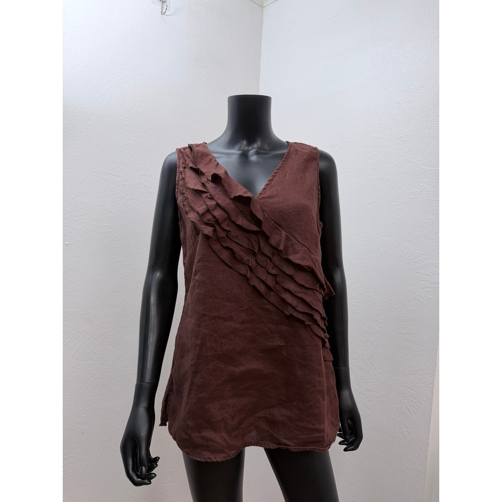 Marina Luna 100% Linen Sleeveless Ruffle Front Top Brown‎ XL